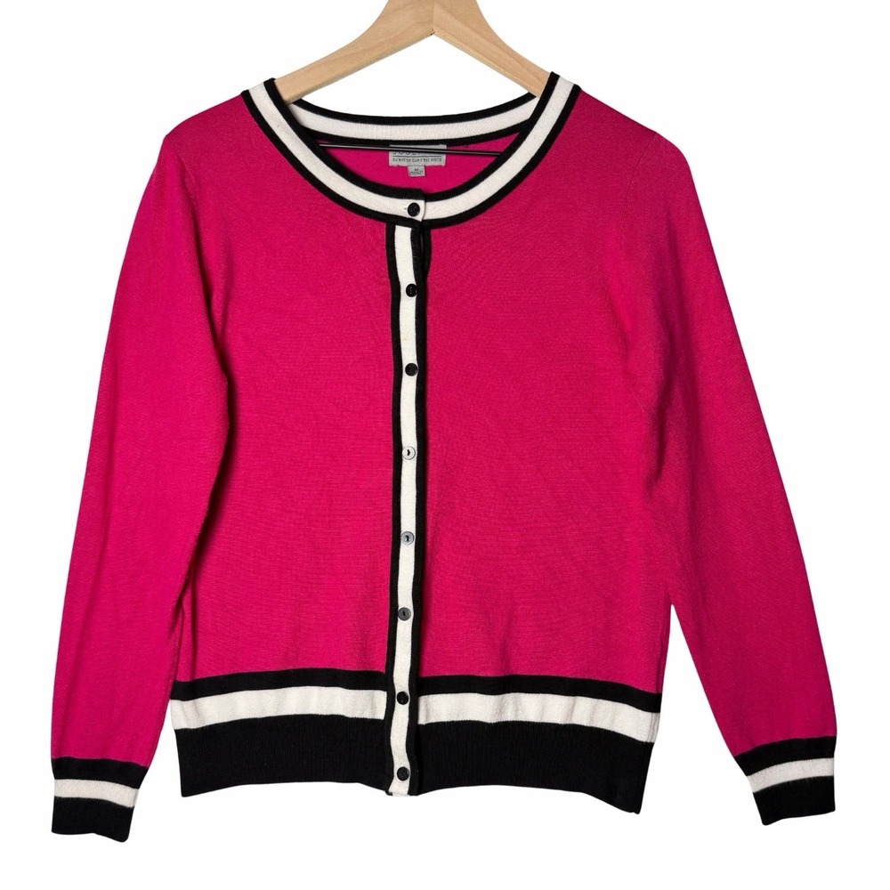 Joseph A Button Front Cardigan Sweater Pink Black and White Trim Women's M